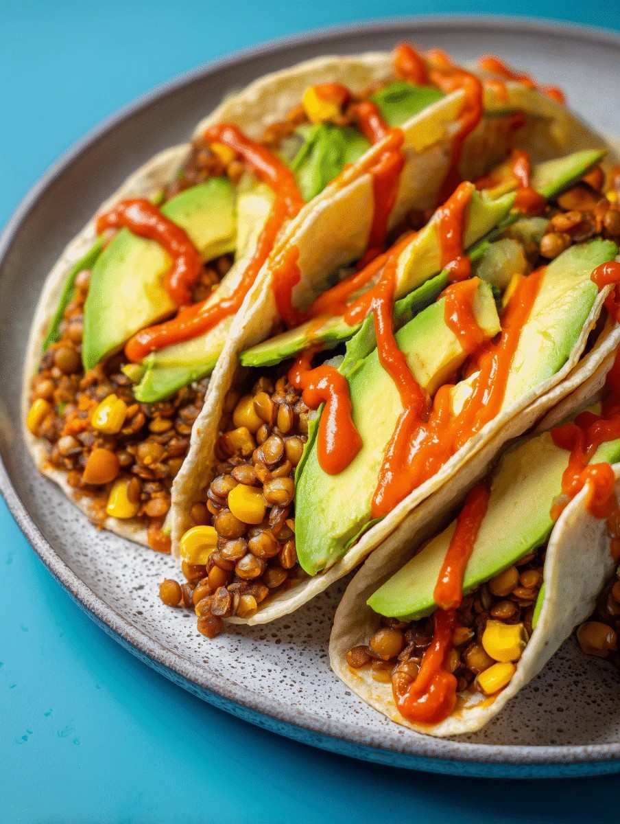 新鮮なアボカド、レンズ豆、カラフルな野菜がトッピングされ、辛そうな見た目のサルサソースがかけられた彩り豊かな本格タコス